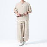 Buddha Stones 2Pcs Summer Tang Style Frog Button Solid Short Sleeve Shirt Harem Pants Men's Meditation Cloth With Pockets
