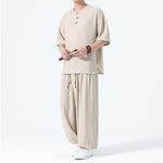 Buddha Stones 2Pcs Summer Tang Style Frog Button Solid Short Sleeve Shirt Harem Pants Men's Meditation Cloth With Pockets