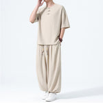 Buddha Stones 2Pcs Summer Tang Style Frog Button Solid Short Sleeve Shirt Harem Pants Men's Meditation Cloth With Pockets