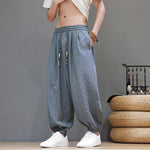 Buddha Stones Summer Casual Drawstring Solid Woven Rattan Texture Pattern Ankle Pants Men's Harem Pants With Pocket