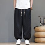 Buddha Stones Summer Casual Drawstring Solid Woven Rattan Texture Pattern Ankle Pants Men's Harem Pants With Pocket