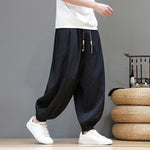 Buddha Stones Summer Casual Drawstring Solid Woven Rattan Texture Pattern Ankle Pants Men's Harem Pants With Pocket