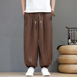 Buddha Stones Summer Casual Drawstring Solid Woven Rattan Texture Pattern Ankle Pants Men's Harem Pants With Pocket