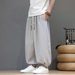 Buddha Stones Summer Casual Drawstring Solid Woven Rattan Texture Pattern Ankle Pants Men's Harem Pants With Pocket