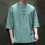 Buddha Stones Summer Tang Style Three Frog Buttons Solid Men's Short Sleeve Shirts