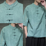 Buddha Stones Summer Tang Style Three Frog Buttons Solid Men's Short Sleeve Shirts