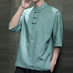 Buddha Stones Summer Tang Style Three Frog Buttons Solid Men's Short Sleeve Shirts