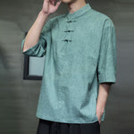 Buddha Stones Summer Tang Style Three Frog Buttons Solid Men's Short Sleeve Shirts