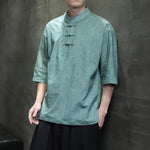 Buddha Stones Summer Tang Style Three Frog Buttons Solid Men's Short Sleeve Shirts