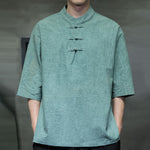 Buddha Stones Summer Tang Style Three Frog Buttons Solid Men's Short Sleeve Shirts