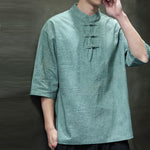 Buddha Stones Summer Tang Style Three Frog Buttons Solid Men's Short Sleeve Shirts