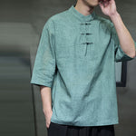 Buddha Stones Summer Tang Style Three Frog Buttons Solid Men's Short Sleeve Shirts