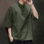 Buddha Stones Summer Tang Style Three Frog Buttons Solid Men's Short Sleeve Shirts