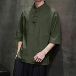 Buddha Stones Summer Tang Style Three Frog Buttons Solid Men's Short Sleeve Shirts