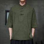 Buddha Stones Summer Tang Style Three Frog Buttons Solid Men's Short Sleeve Shirts