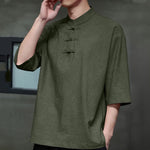 Buddha Stones Summer Tang Style Three Frog Buttons Solid Men's Short Sleeve Shirts