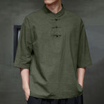 Buddha Stones Summer Tang Style Three Frog Buttons Solid Men's Short Sleeve Shirts
