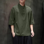 Buddha Stones Summer Tang Style Three Frog Buttons Solid Men's Short Sleeve Shirts