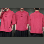 Buddha Stones Summer Tang Style Three Frog Buttons Solid Men's Short Sleeve Shirts
