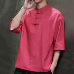 Buddha Stones Summer Tang Style Three Frog Buttons Solid Men's Short Sleeve Shirts
