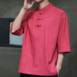 Buddha Stones Summer Tang Style Three Frog Buttons Solid Men's Short Sleeve Shirts