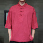 Buddha Stones Summer Tang Style Three Frog Buttons Solid Men's Short Sleeve Shirts