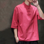Buddha Stones Summer Tang Style Three Frog Buttons Solid Men's Short Sleeve Shirts