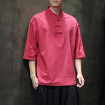 Buddha Stones Summer Tang Style Three Frog Buttons Solid Men's Short Sleeve Shirts