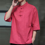 Buddha Stones Summer Tang Style Three Frog Buttons Solid Men's Short Sleeve Shirts