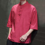 Buddha Stones Summer Tang Style Three Frog Buttons Solid Men's Short Sleeve Shirts