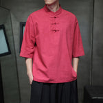 Buddha Stones Summer Tang Style Three Frog Buttons Solid Men's Short Sleeve Shirts