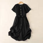 Buddha Stones Summer Vintage Button-Up Solid Women's Short Sleeve Midi Dress With Pockets