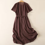 Buddha Stones Summer Vintage Button-Up Solid Women's Short Sleeve Midi Dress With Pockets
