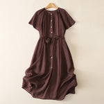 Buddha Stones Summer Vintage Button-Up Solid Women's Short Sleeve Midi Dress With Pockets