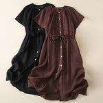 Buddha Stones Summer Vintage Button-Up Solid Women's Short Sleeve Midi Dress With Pockets