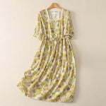 Buddha Stones Spring Summer Vintage Drawstring Yellow Floral Women's Short Sleeve Midi Dress