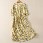 Buddha Stones Spring Summer Vintage Drawstring Yellow Floral Women's Short Sleeve Midi Dress