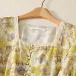 Buddha Stones Spring Summer Vintage Drawstring Yellow Floral Women's Short Sleeve Midi Dress