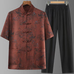 Buddha Stones 2Pcs Summer Tang Style Casual Ink Painting Mountains Landscape Short Sleeve Shirt Straight Leg Pants Men's Meditation Cloth With Pockets