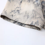 Buddha Stones 2Pcs Summer Tang Style Casual Ink Painting Mountains Landscape Short Sleeve Shirt Straight Leg Pants Men's Meditation Cloth With Pockets