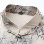 Buddha Stones 2Pcs Summer Tang Style Casual Ink Painting Mountains Landscape Short Sleeve Shirt Straight Leg Pants Men's Meditation Cloth With Pockets