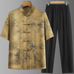 Buddha Stones 2Pcs Summer Tang Style Casual Ink Painting Mountains Landscape Short Sleeve Shirt Straight Leg Pants Men's Meditation Cloth With Pockets