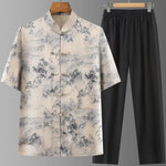 Buddha Stones 2Pcs Summer Tang Style Casual Ink Painting Mountains Landscape Short Sleeve Shirt Straight Leg Pants Men's Meditation Cloth With Pockets