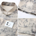 Buddha Stones 2Pcs Summer Tang Style Casual Ink Painting Mountains Landscape Short Sleeve Shirt Straight Leg Pants Men's Meditation Cloth With Pockets