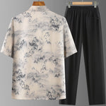Buddha Stones 2Pcs Summer Tang Style Casual Ink Painting Mountains Landscape Short Sleeve Shirt Straight Leg Pants Men's Meditation Cloth With Pockets