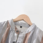 Buddha Stones Summer Vintage Mandarin Collar Button Up Striped Linen Men's Shirts With Patch Pocket