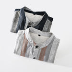 Buddha Stones Summer Vintage Mandarin Collar Button Up Striped Linen Men's Shirts With Patch Pocket