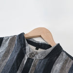 Buddha Stones Summer Vintage Mandarin Collar Button Up Striped Linen Men's Shirts With Patch Pocket
