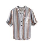 Buddha Stones Summer Vintage Mandarin Collar Button Up Striped Linen Men's Shirts With Patch Pocket