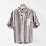 Buddha Stones Summer Vintage Mandarin Collar Button Up Striped Linen Men's Shirts With Patch Pocket